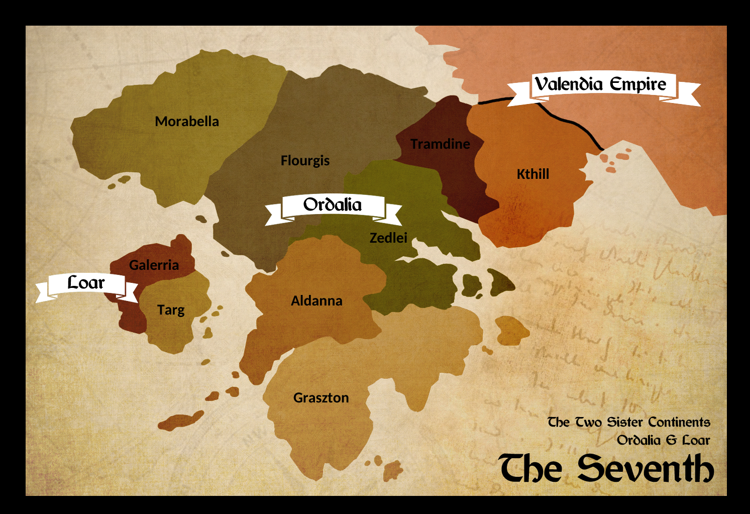 Map of the Seventh equivalent of Eorzea, entitled The Two Sister Continents, Ordalia and Loar